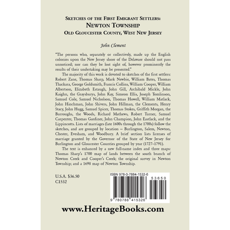 back cover of Sketches of the First Emigrant Settlers, Newton Township, Old Gloucester County, West New Jersey