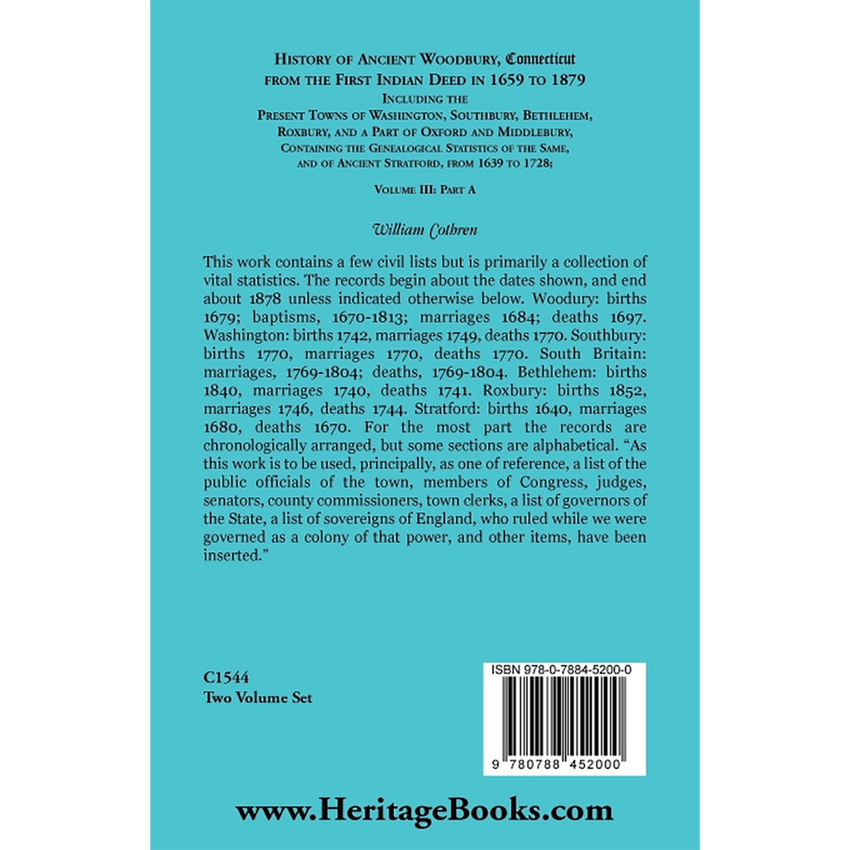 The History of Ancient Woodbury, Connecticut From the First Indian Deed in 1659 to 1879, Volume 3 Part A back cover