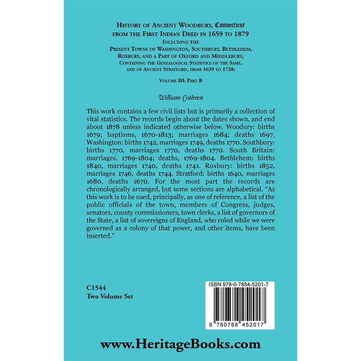 The History of Ancient Woodbury, Connecticut From the First Indian Deed in 1659 to 1879, Volume 3 Part B back cover