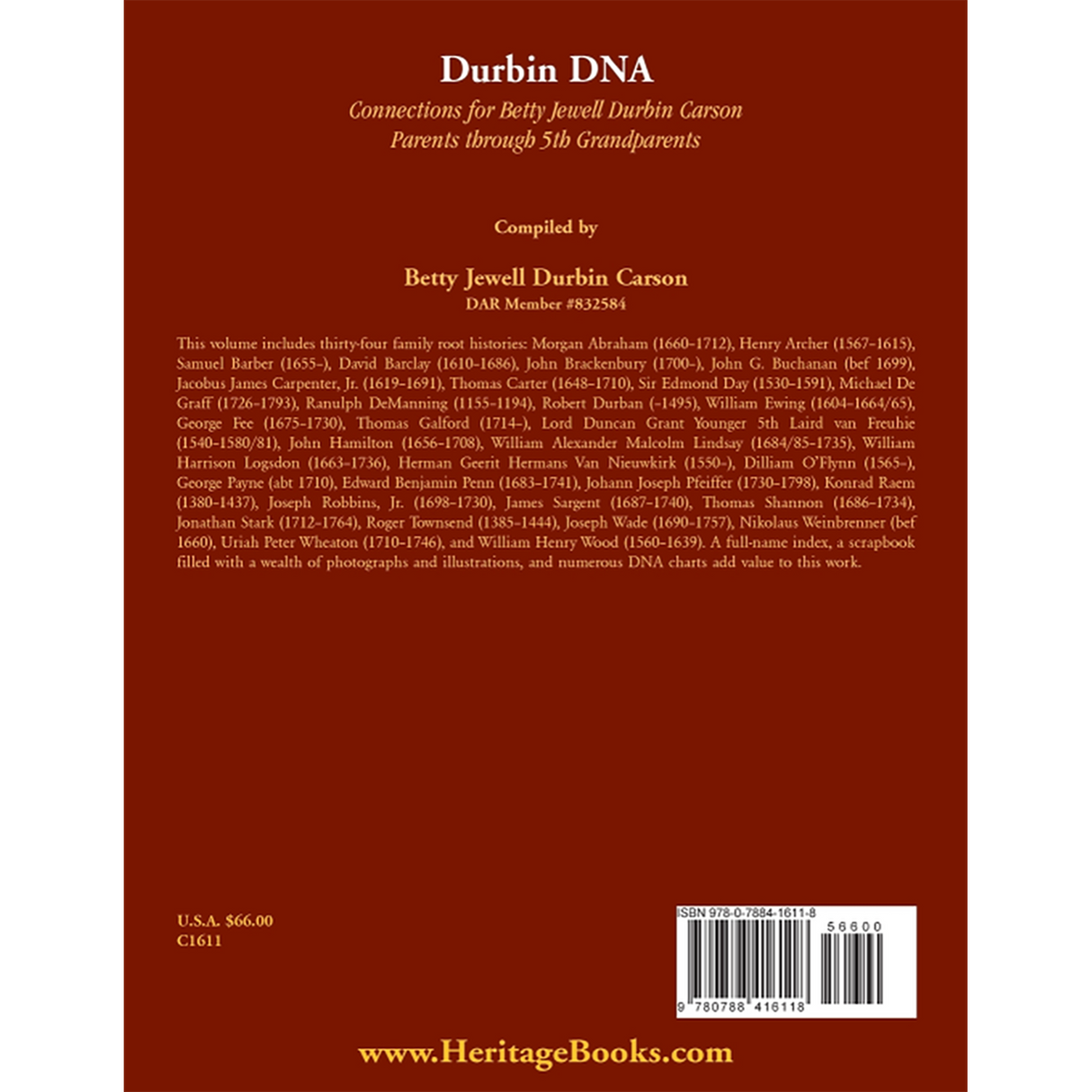 Durbin DNA: Connections for Betty Jewell Durbin Carson, Parents through 5th Grandparents back cover