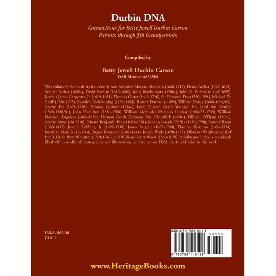 Durbin DNA: Connections for Betty Jewell Durbin Carson, Parents through 5th Grandparents back cover