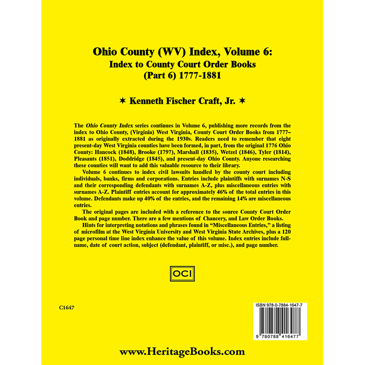 Ohio County (West Virginia) Index, Volume 6: Index to County Court Order Books, 1777-1881, Part 6 back cover