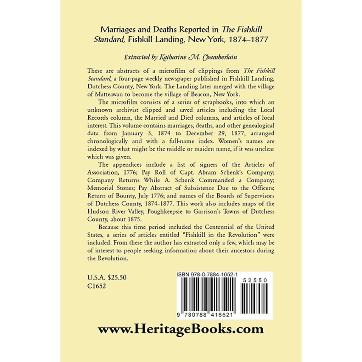 Marriages and Deaths Reported in The Fishkill Standard, Fishkill Landing, New York, 1874-1877 back cover