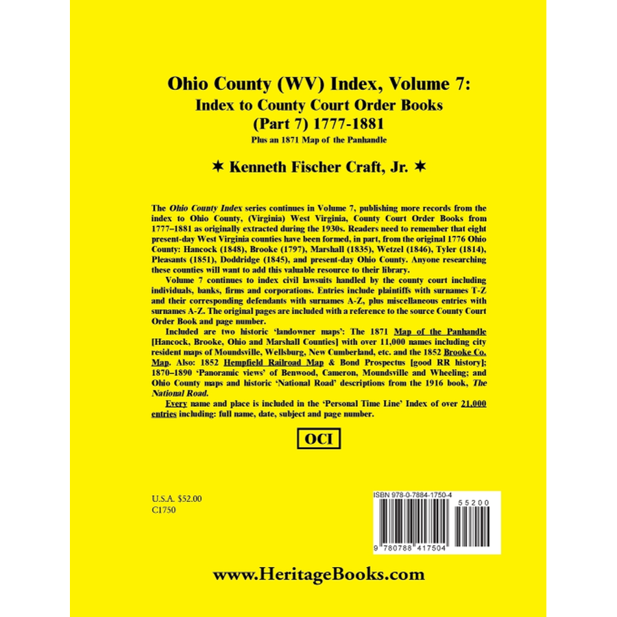 back cover of Ohio County (West Virginia) Index, Volume 7