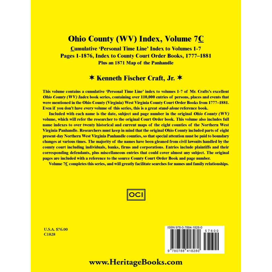 back cover of Ohio County (West Virginia) Index, Volume 7C