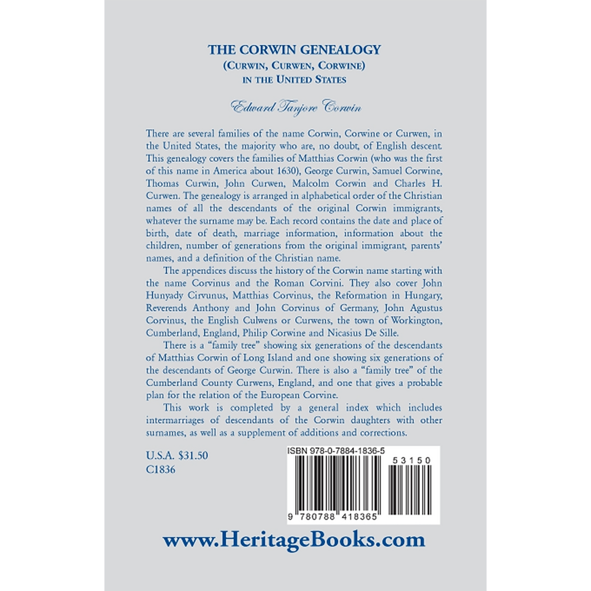 The Corwin Genealogy (Curwin, Curwen, Corwine) in the United States back cover