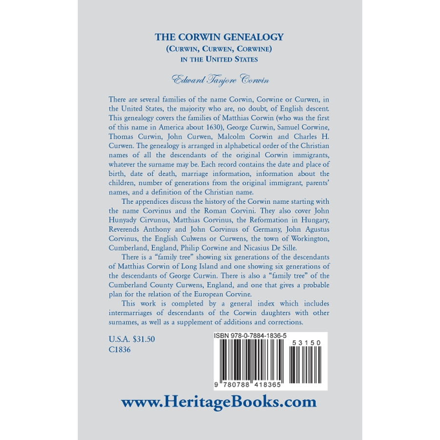 back cover of The Corwin Genealogy (Curwin, Curwen, Corwine) in the United States