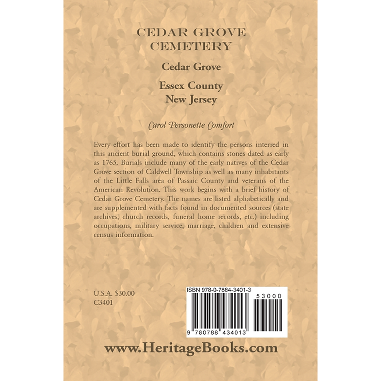Cedar Grove Cemetery, Cedar Grove, Essex County, New Jersey back cover