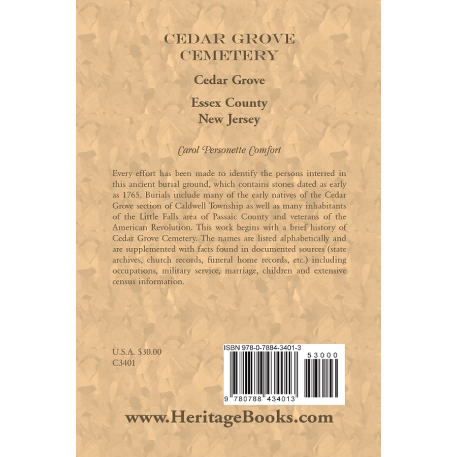 Cedar Grove Cemetery, Cedar Grove, Essex County, New Jersey back cover