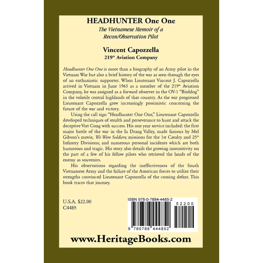 back cover of Headhunter One One: The Vietnam Memoir of a Recon/Observation Pilot, 219th Aviation Company