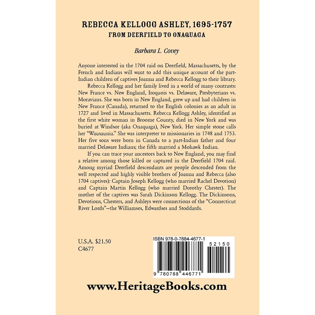 Rebecca Kellogg Ashley, 1695-1757, From Deerfield to Onaquaga back cover