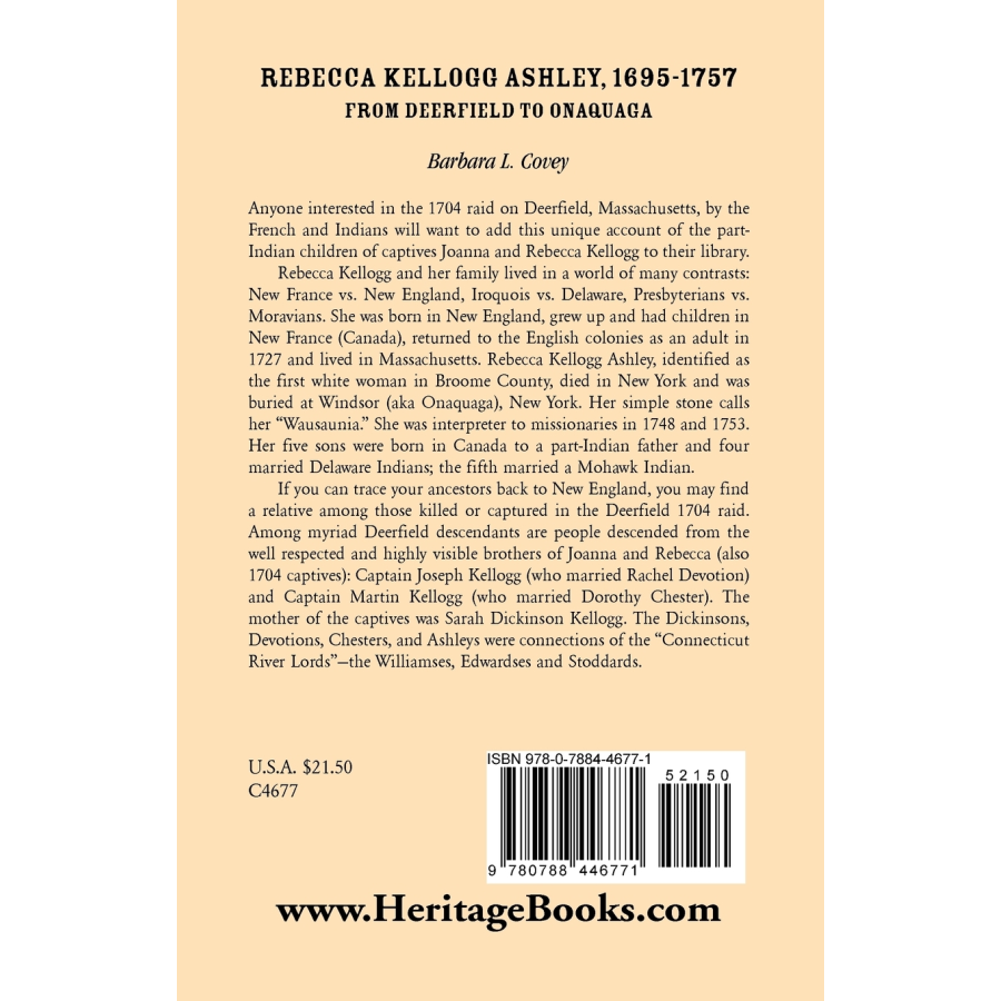 Rebecca Kellogg Ashley, 1695-1757, From Deerfield to Onaquaga back cover