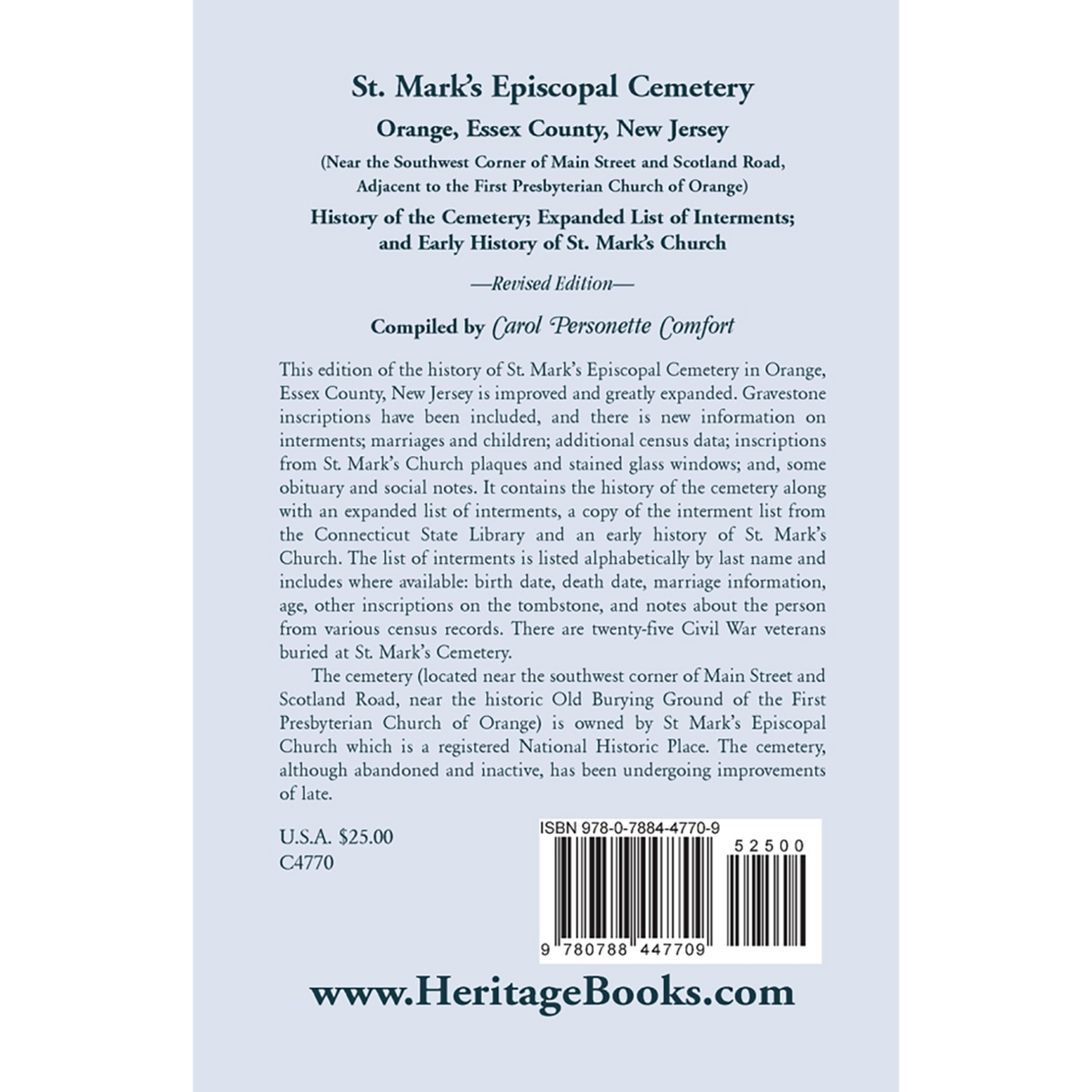 St. Mark's Episcopal Cemetery, Orange, Essex County, New Jersey, Revised Edition back cover