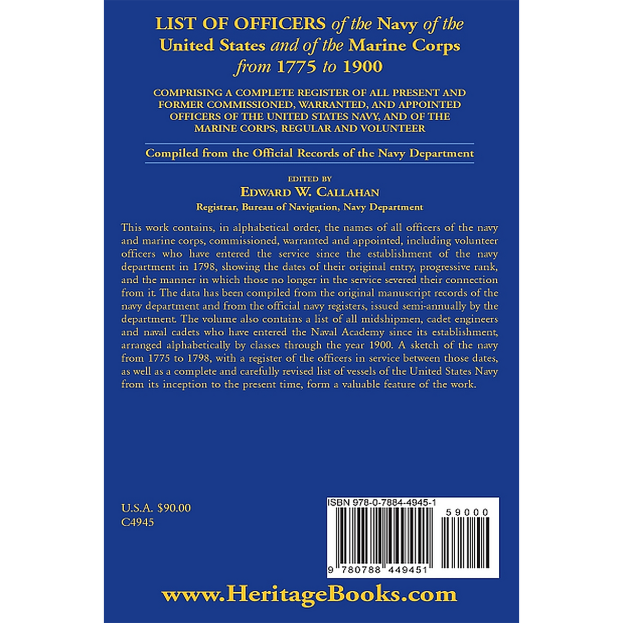 List of Officers of the Navy of the United States and of the Marine Corps from 1775-1900 [hardcover] back cover