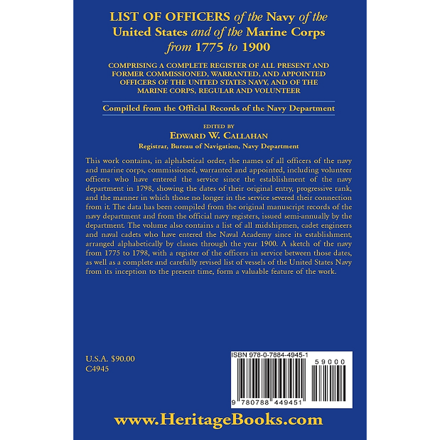 List of Officers of the Navy of the United States and of the Marine Corps from 1775-1900 [hardcover] back cover