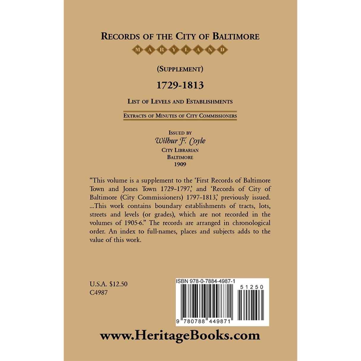 Records of the City of Baltimore (Supplement) [Maryland], 1729-1813: List of Levels and Establishments back cover