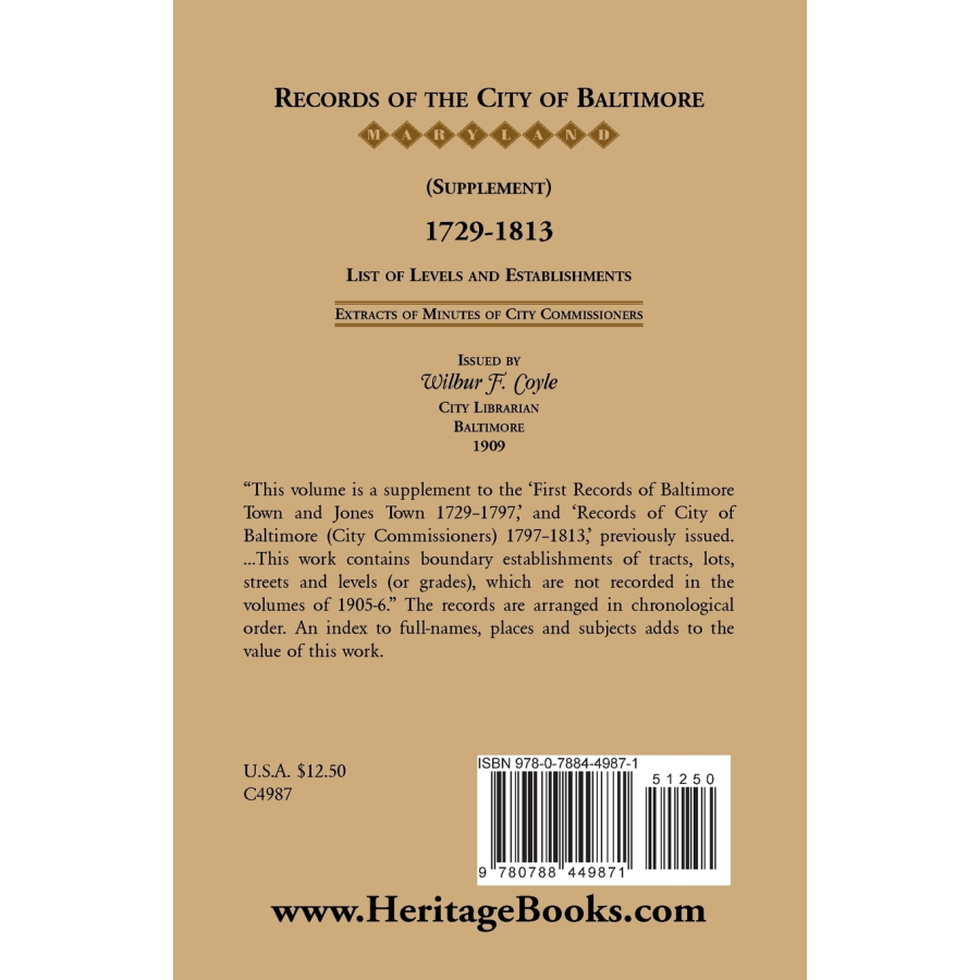 Records of the City of Baltimore (Supplement) [Maryland], 1729-1813: List of Levels and Establishments back cover