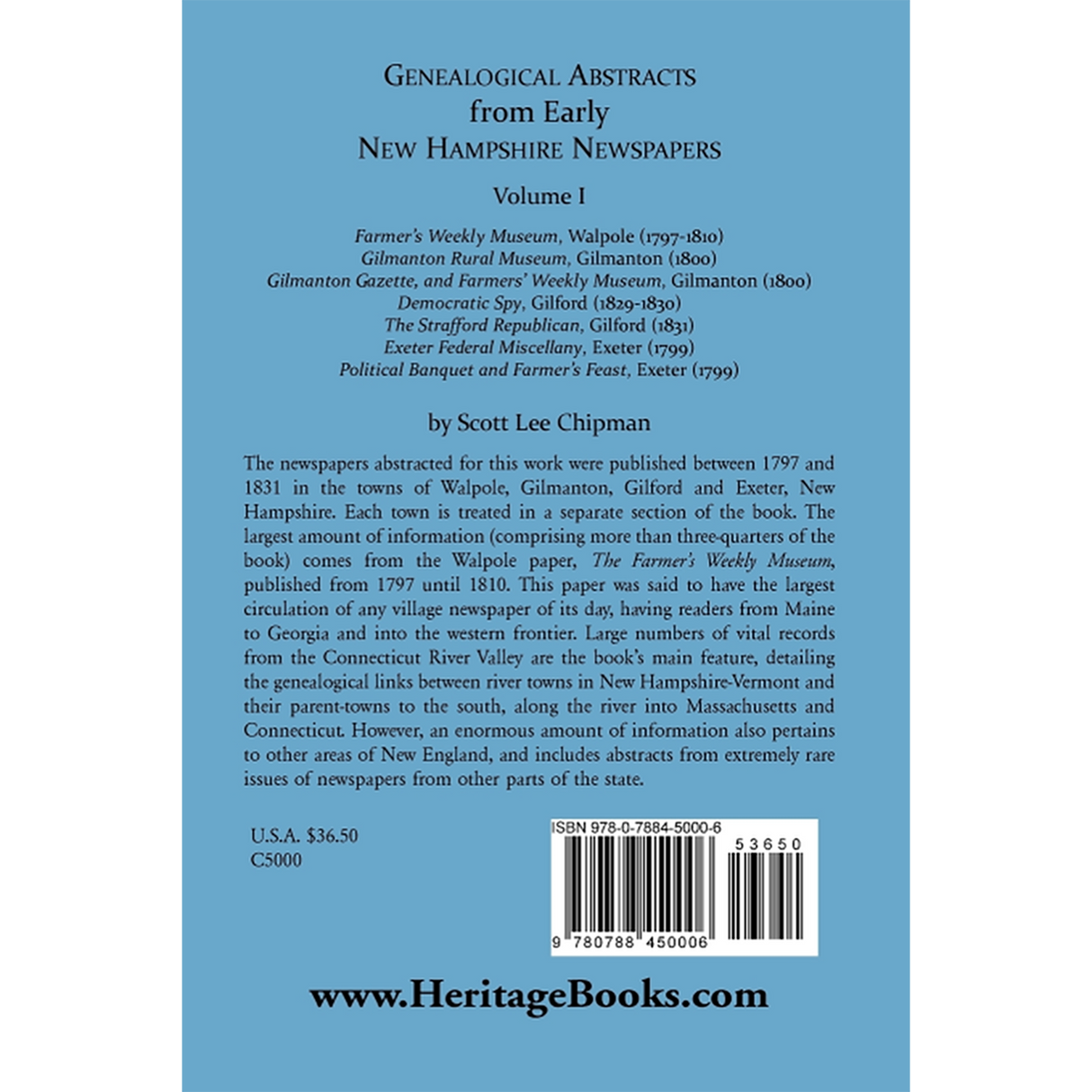 Genealogical Abstracts from Early New Hampshire Newspapers, Volume I [paper] back cover