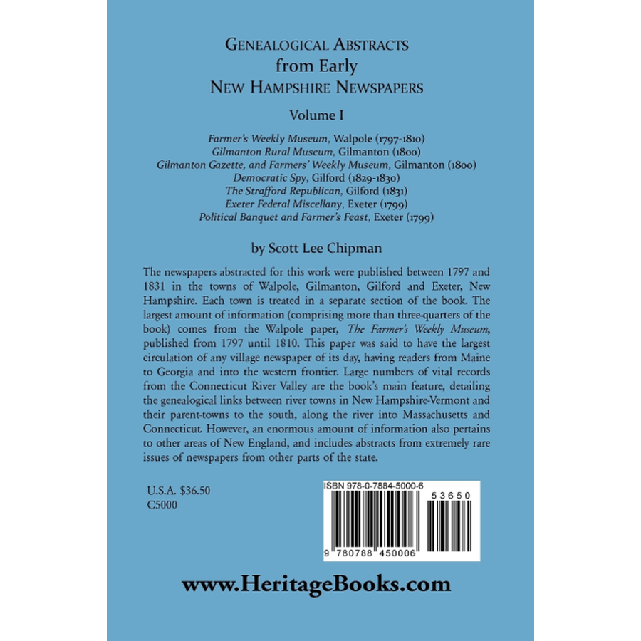 Genealogical Abstracts from Early New Hampshire Newspapers, Volume I [paper] back cover