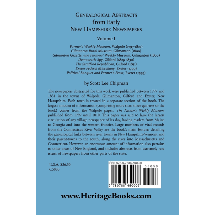 back cover of Genealogical Abstracts from Early New Hampshire Newspapers, Volume I [paper]