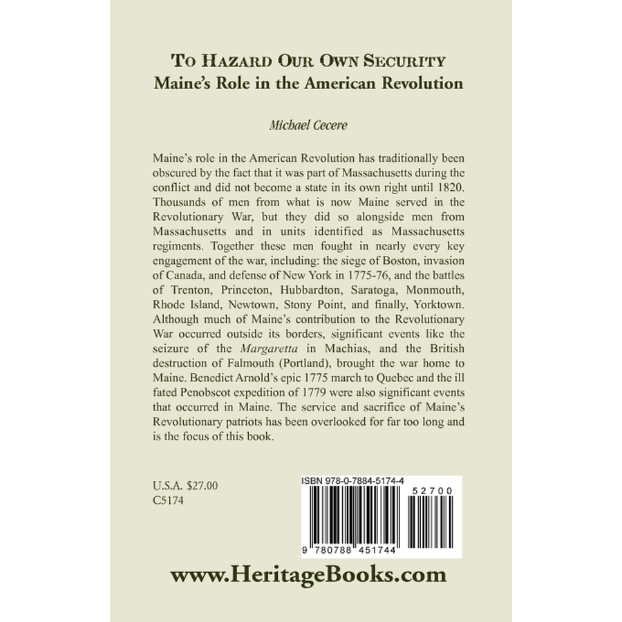 back cover of To Hazard Our Own Security: Maine's Role in the American Revolution