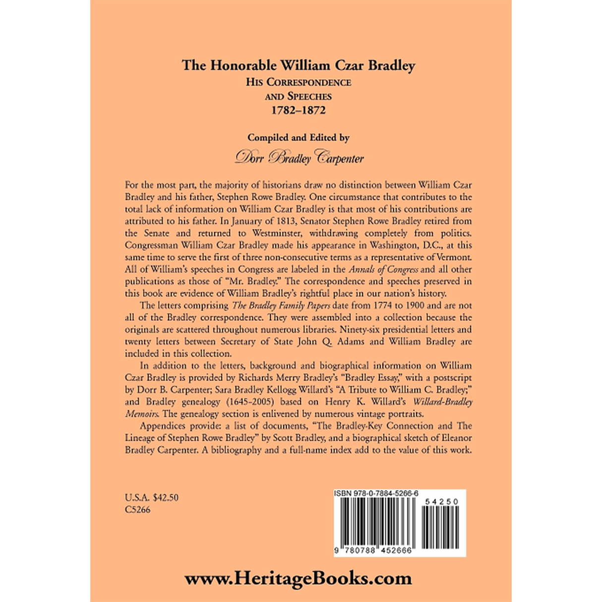 The Honorable William Czar Bradley: His Correspondence and Speeches, 1782-1872 back cover