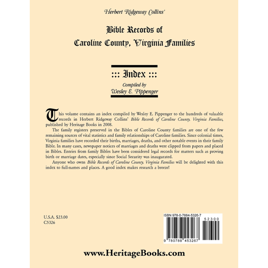 back cover of Bible Records of Caroline County, Virginia Families: Index