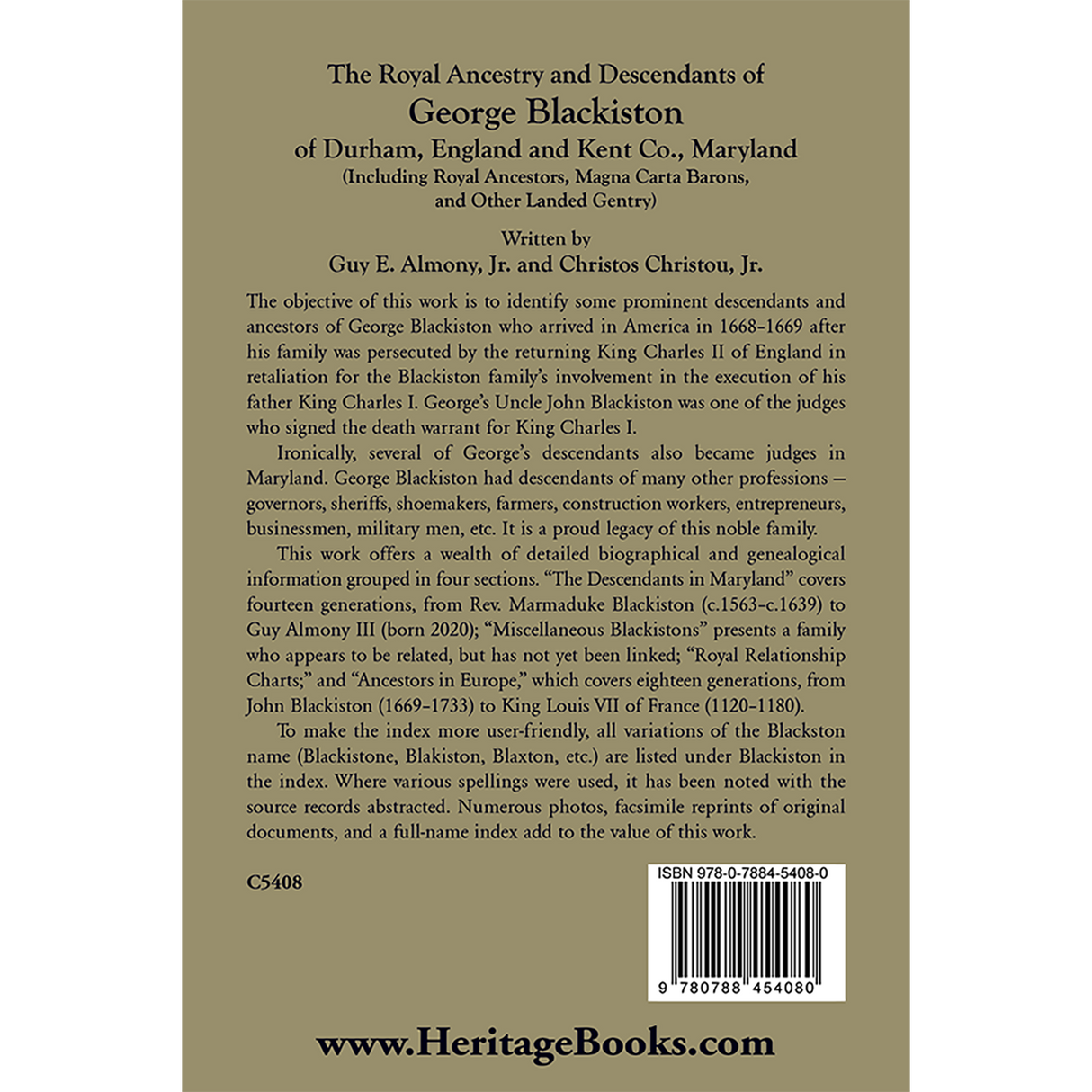 The Royal Ancestry and Descendants of George Blackiston of Durham, England and Kent County, Maryland back cover