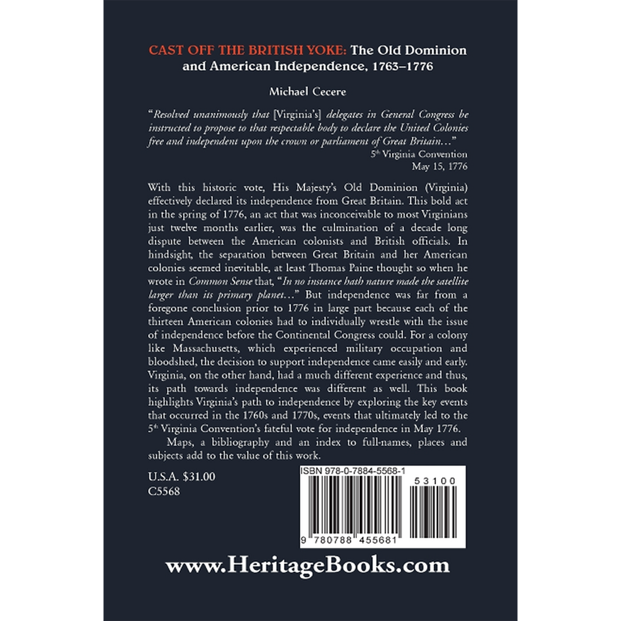 Cast Off the British Yoke: The Old Dominion and American Independence, 1763-1776 back cover