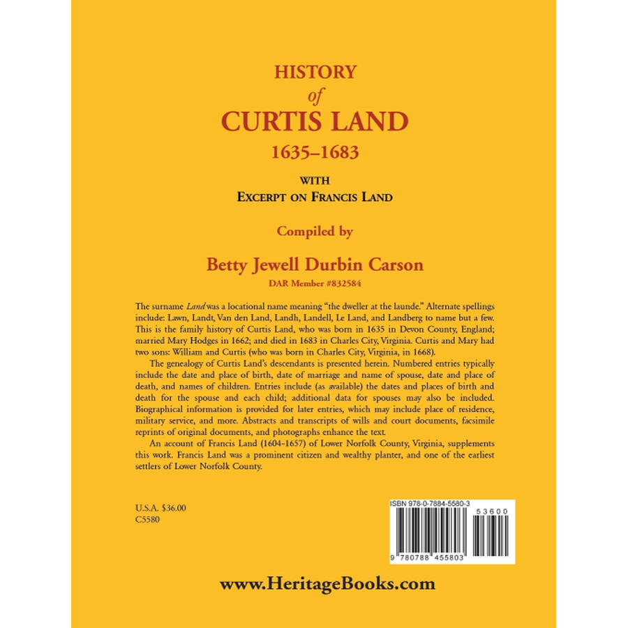 back cover of History of Curtis Land, 1635-1683: With Excerpt on Francis Land