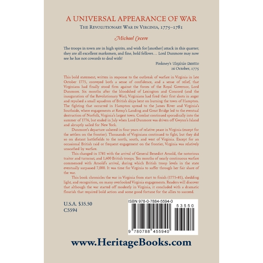 back cover of A Universal Appearance of War: The Revolutionary War in Virginia, 1775-1781