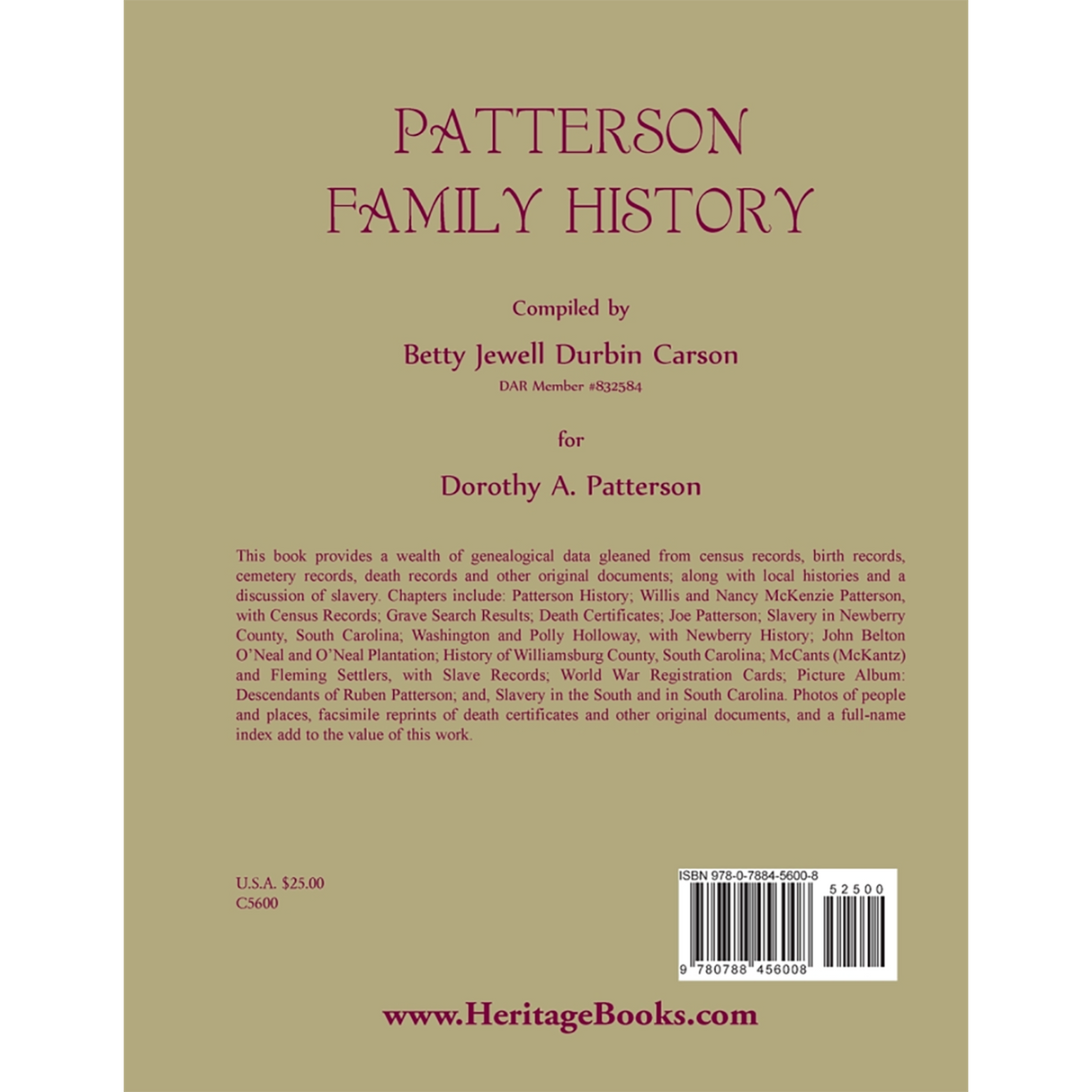 Patterson Family History back cover