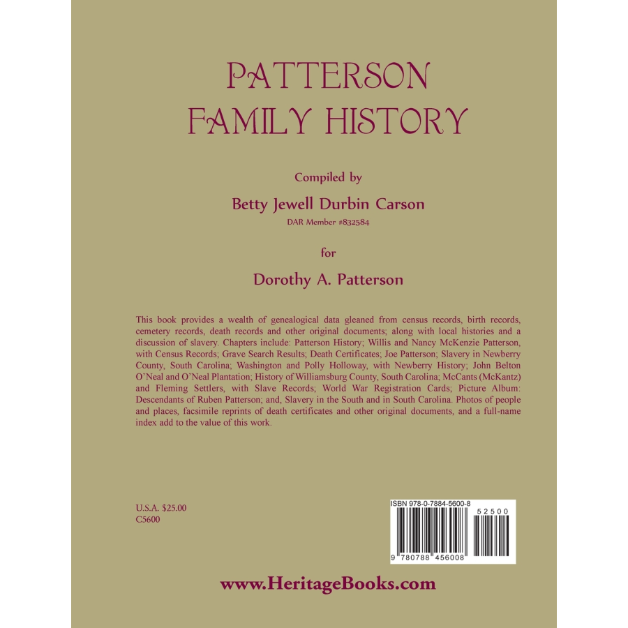 Patterson Family History back cover