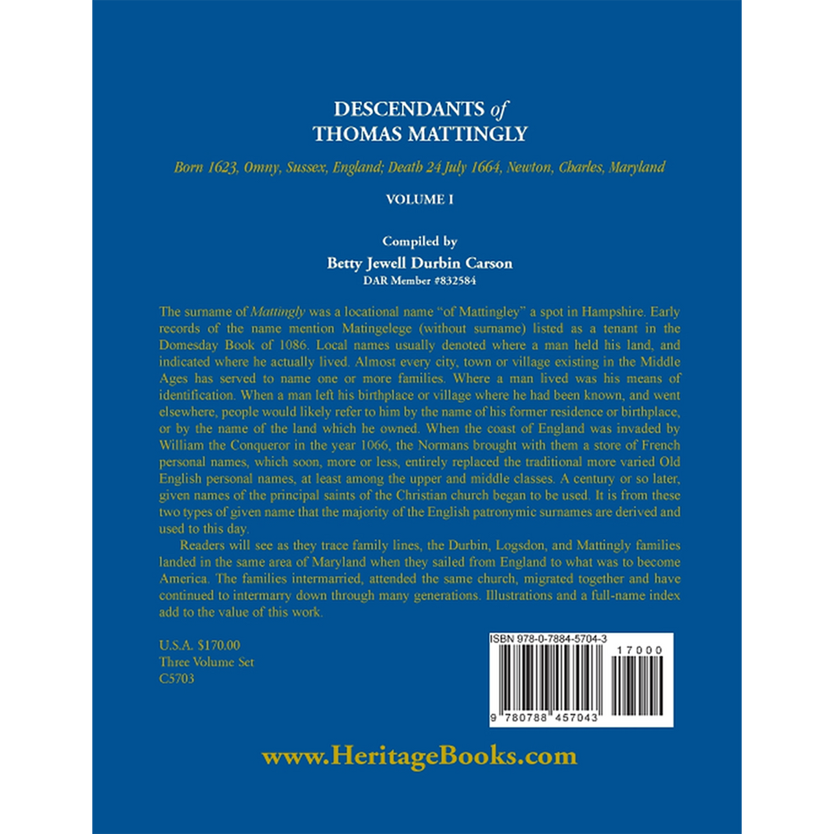 Descendants of Thomas Mattingly, Volume 1 back cover