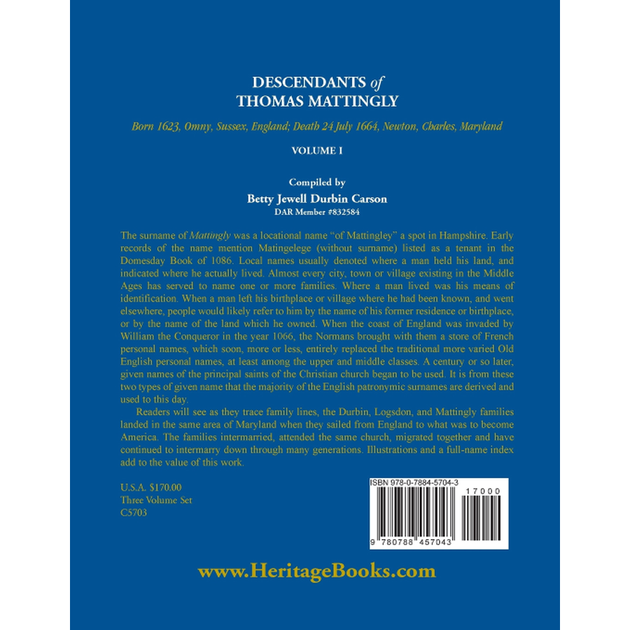 back cover of Descendants of Thomas Mattingly, Volume 1