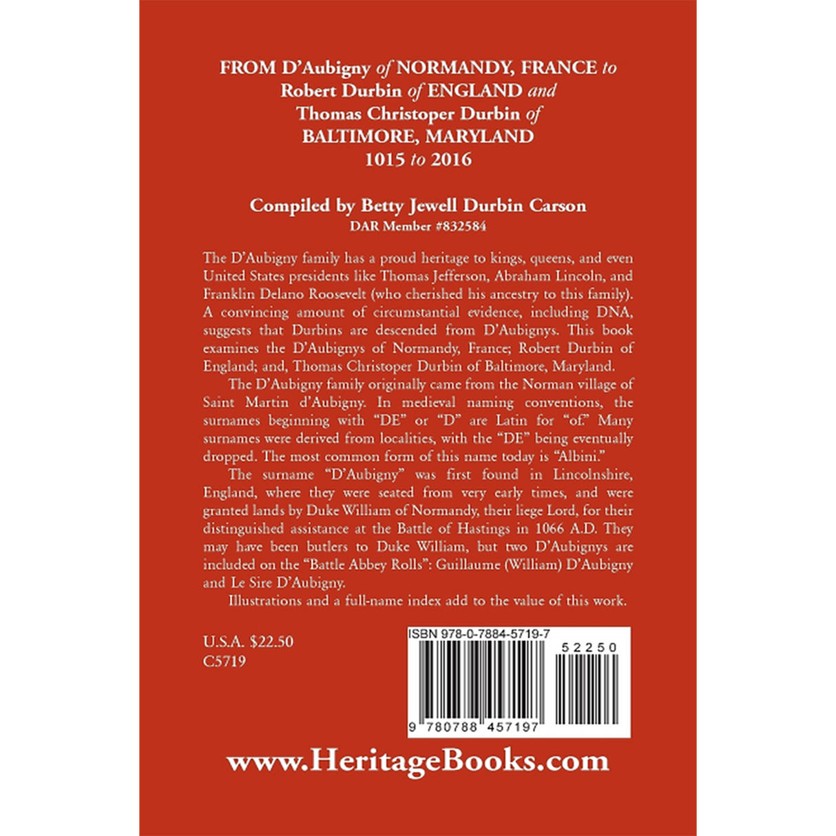 From D'Aubigny of Normandy, France to Robert Durbin of England and Thomas Christoper Durbin of Baltimore, Maryland back cover