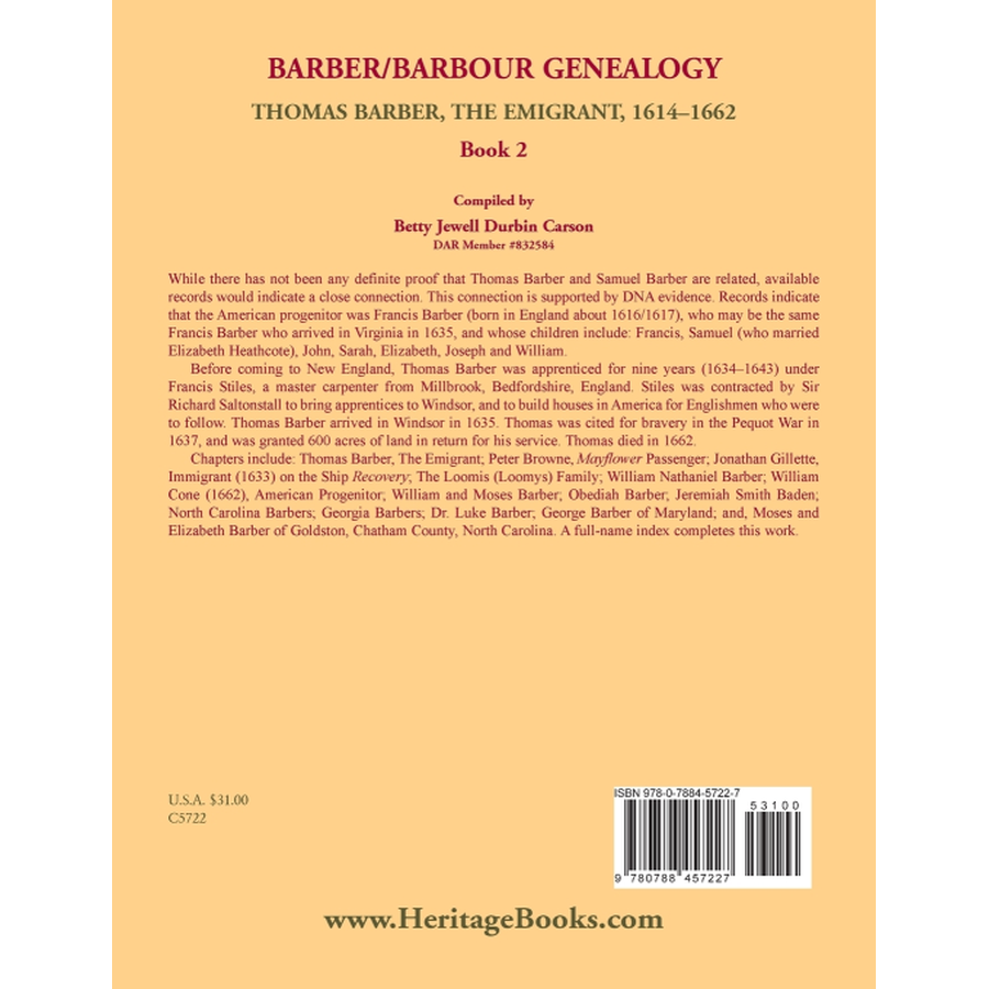 Barber/Barbour Genealogy: Thomas Barber, the Immigrant 1614-1662 back cover