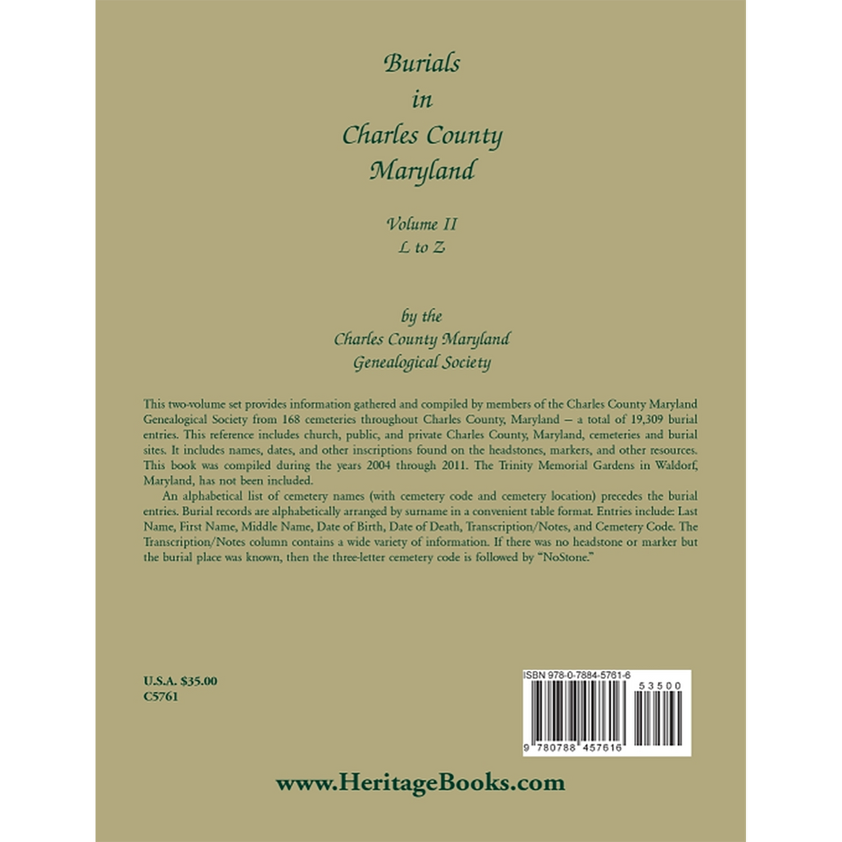 Burials in Charles County, Maryland, Part II, L-Z back cover