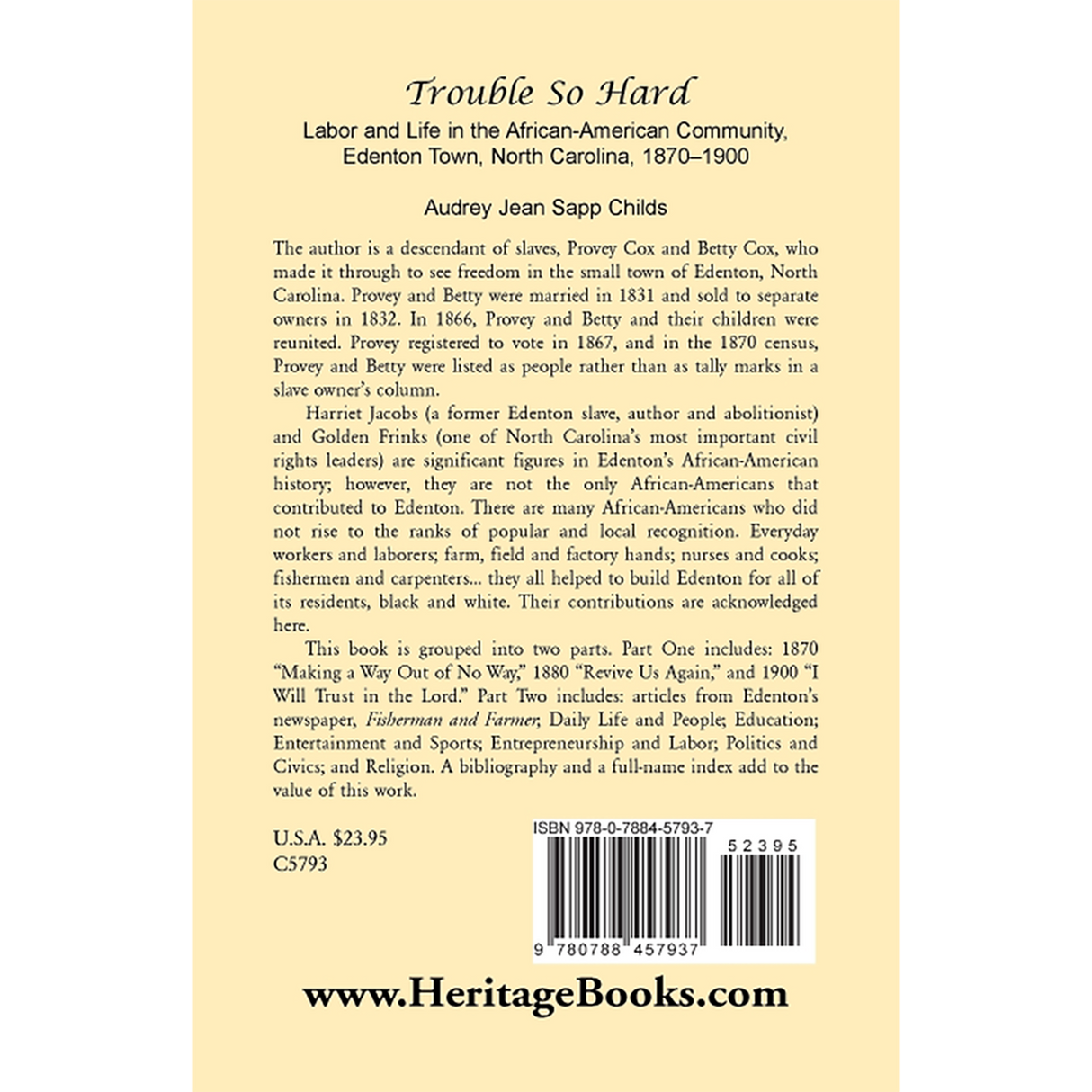 Trouble So Hard: Labor and Life in the African-American Community, Edenton, North Carolina, 1870-1900 back cover