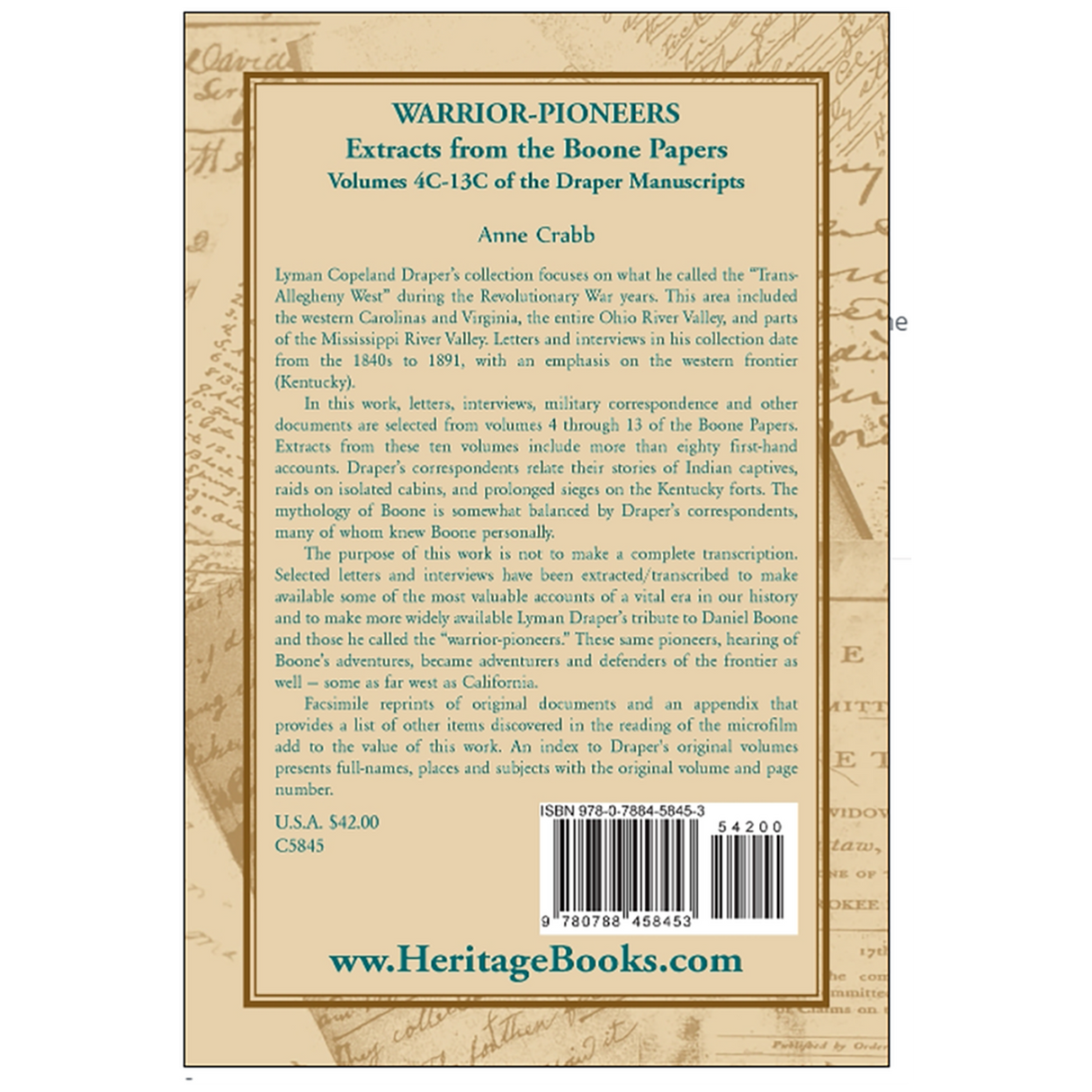 Warrior-Pioneers: Extracts from the Boone Papers, Volumes 4C-13C of the Draper Manuscripts back cover