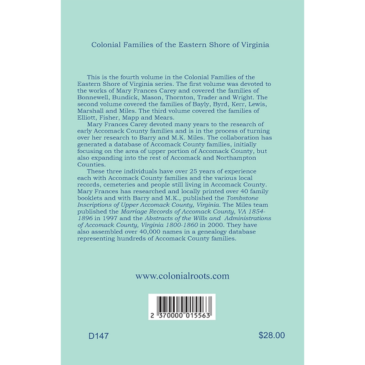 Colonial Families of the Eastern Shore of Virginia, Volume 3 back cover