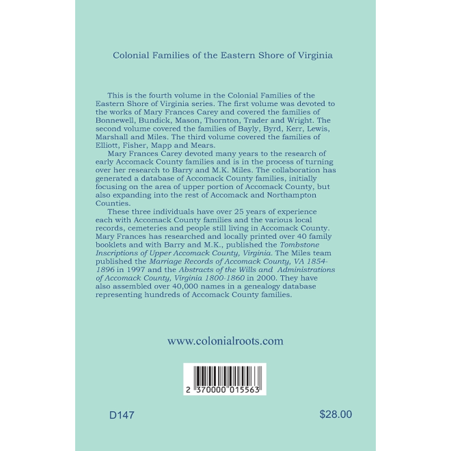 Colonial Families of the Eastern Shore of Virginia, Volume 3 back cover
