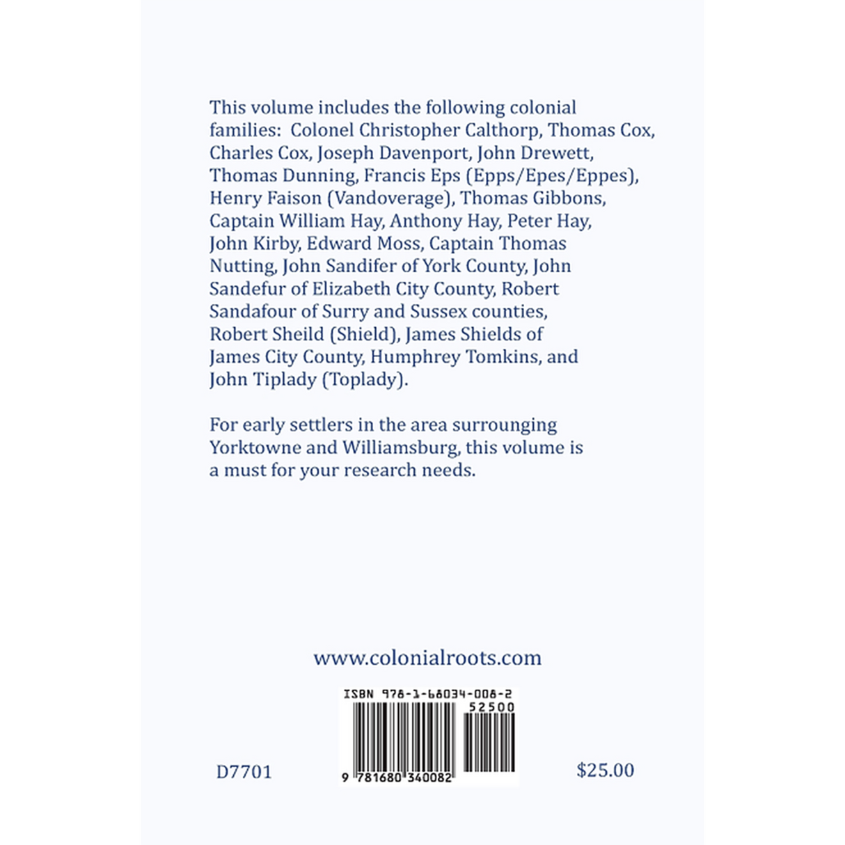 Colonial Families of York County, Virginia, Volume 1 back cover