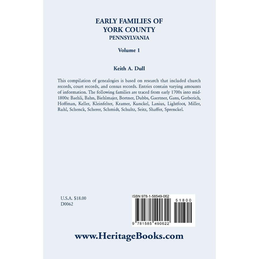 Early Families of York County, Pennsylvania, Volume 1 back cover