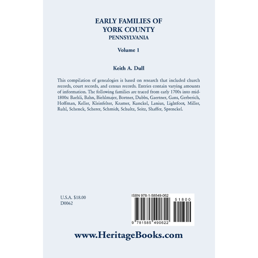 back cover of Early Families of York County, Pennsylvania, Volume 1