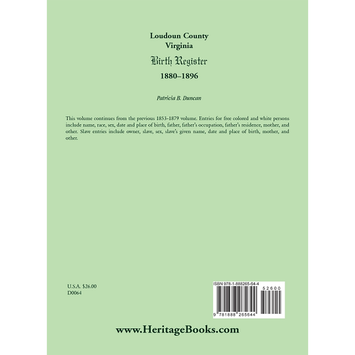 Loudoun County, Virginia Birth Register 1880-1896 back cover