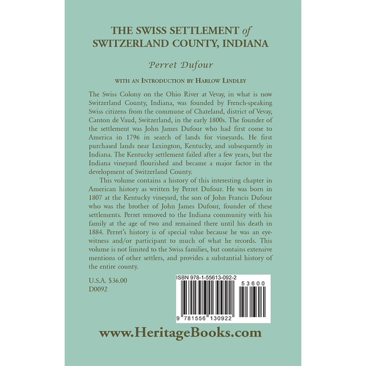 The Swiss Settlement of Switzerland County, Indiana back cover