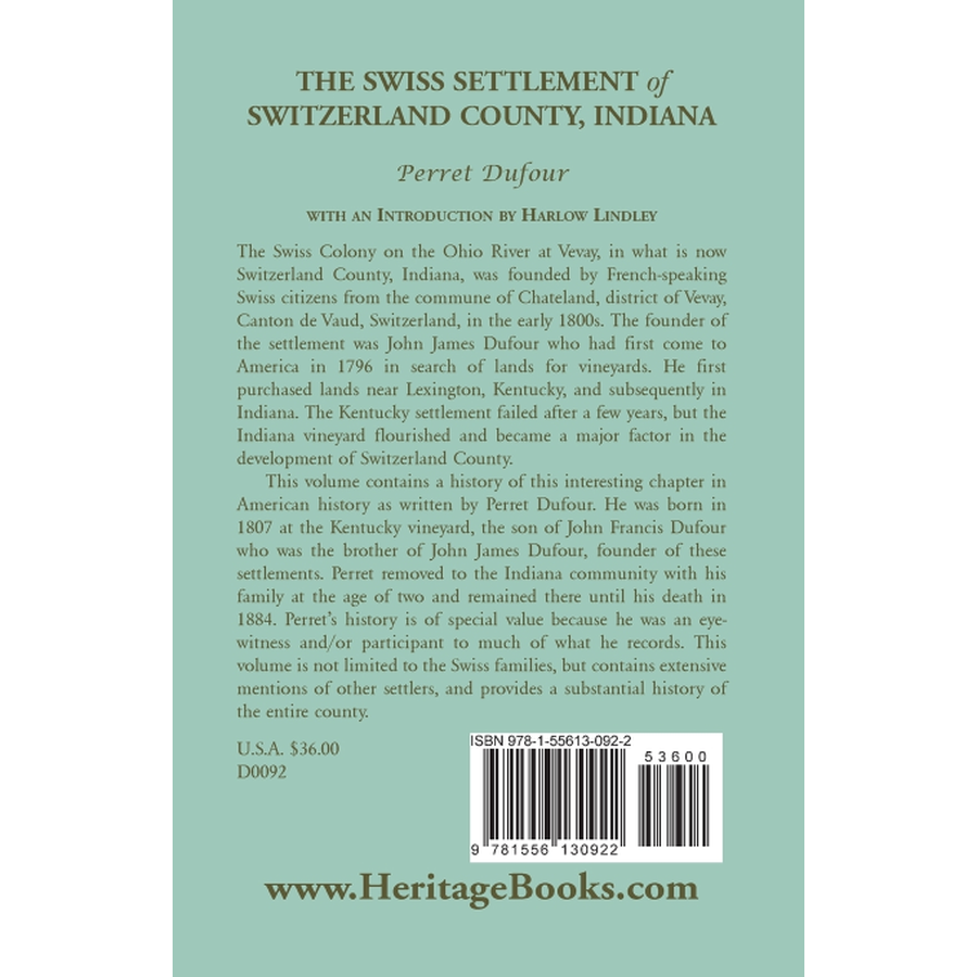 back cover of The Swiss Settlement of Switzerland County, Indiana