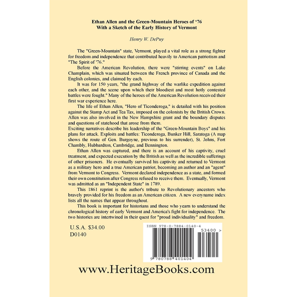 Ethan Allen and the Green-Mountain Heroes of '76, with a Sketch of the Early History of Vermont back cover