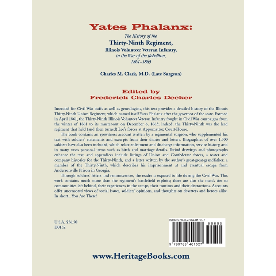 back cover of Yates Phalanx: The History of the Thirty-Ninth Regiment, Illinois Veteran Infantry in the War of Rebellion, 1861-1865